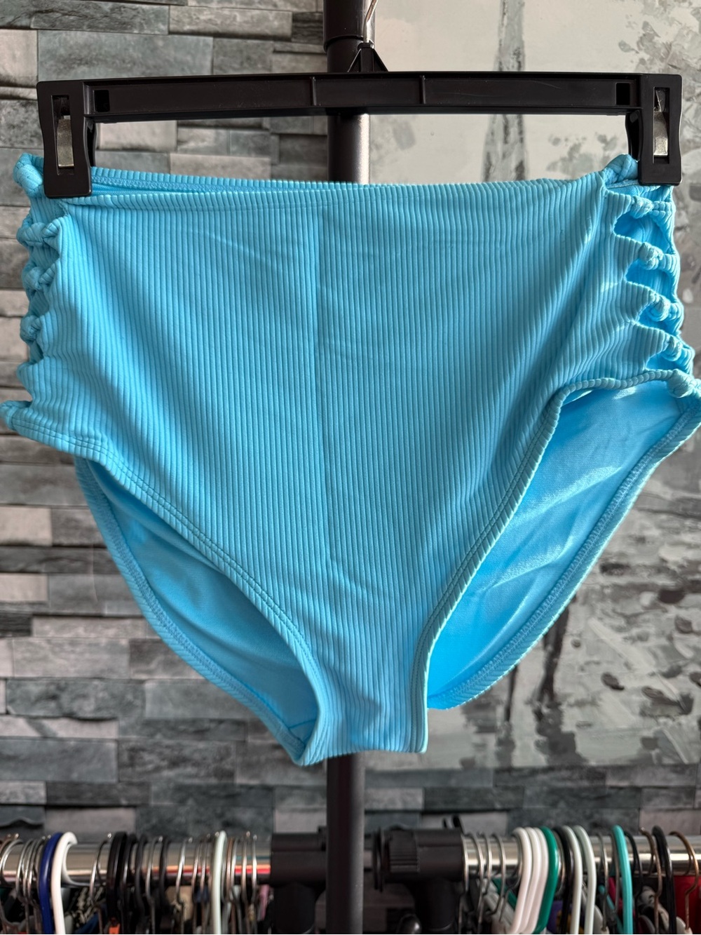 Ribbed High-Waist Bikini Bottom in Bright Aqua